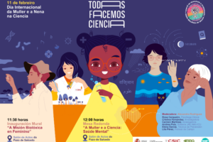 Cartel promocional del evento "Todas facemos ciencia", que incluye actividades como la mesa redonda sobre salud mental, la inauguración del mural "A MBG en femenino" y la serie "Mulleres referentes en ciencia" en redes sociales. Organizado por la Misión Biológica de Galicia (MBG-CSIC).