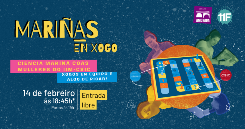 Cartel promocional del evento "Mariñas en Xogo", que incluye charlas de investigadoras y técnicas del IIM, seguido de un juego de competición con pruebas sobre ciencia y cultura oceánica. Colaboran el Servicio de Biblioteca y el Comité de Igualdad y Diversidad del IIM.