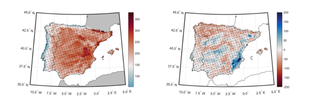 Cambio porcentual de EHFmax y ECFmin en PIB A la izquierda, el cambio porcentual en el valor de EHFmax para 2050-2095 en comparación con 1971-2000 en escenario RCP 8.5 (calentamiento medio do 201,10%). A la derecha, cambio porcentual en el valor de ECFmin para 2050-2095 en comparación con 1971-2000 para escenario RCP 8.5 (calentamiento medio do 10,1%)