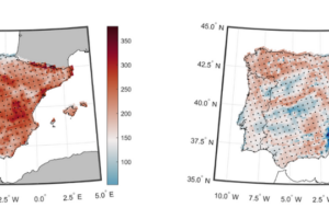 A la izquierda, el cambio porcentual en el valor de EHFmax para 2050-2095 en comparación con 1971-2000 en escenario RCP 8.5 (calentamiento medio do 201,10%). A la derecha, cambio porcentual en el valor de ECFmin para 2050-2095 en comparación con 1971-2000 para escenario RCP 8.5 (calentamiento medio do 10,1%)